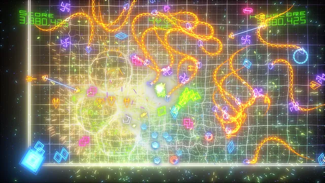 Evolved: snakes coiling across a glowing yellow grid warped by explosions