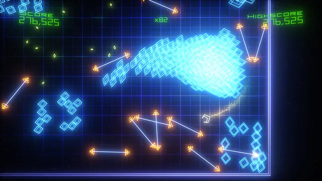 Pacifism: a long swarm of blue grunts chasing the ship past orange-ended gates