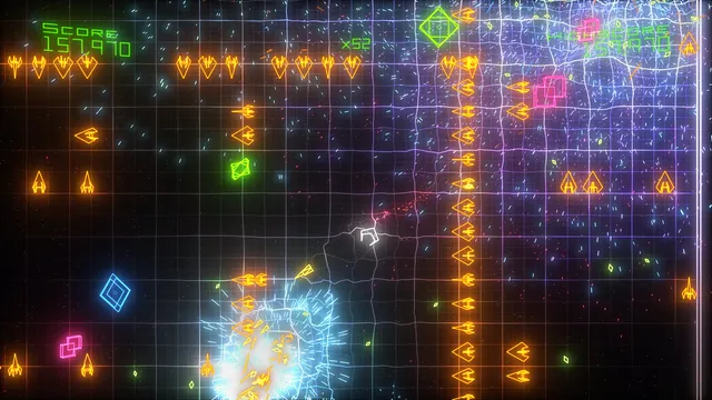 Waves: a full wall and a half wall of orange rockets crossing the arena